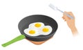 Flat isometric illustration of pan with scrambled eggs, hand, fork.