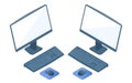Flat isometric illustration of personal computer monitor, keyboard and mouse.