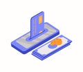 Flat isometric illustration of pile of bitcoins, the phone with a credit card in the slot. The