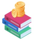 Flat isometric illustration of pile of coins on the stack of folders Royalty Free Stock Photo