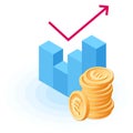 Flat isometric illustration of pile of euro coins at growth graph.