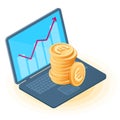 Flat isometric illustration of pile of euro coins on the laptop.