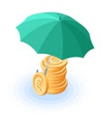 Flat isometric illustration of pile of euro coins under the umbrella. Royalty Free Stock Photo