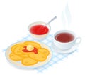 Flat isometric illustration of plate with pancakes, sweet jam, t