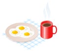 Flat isometric illustration of plate with scrambled eggs and coffee.