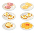 Flat isometric illustration of plates with different morning meal set.