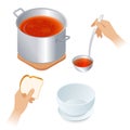 Flat isometric illustration of saucepan with tomato soup, bowl,