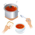 Flat isometric illustration of saucepan with tomato soup, bowl,