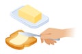 Flat isometric illustration of spreading butter on the bread. Royalty Free Stock Photo