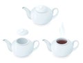 Flat isometric illustration of teapots with lids and a tea. Royalty Free Stock Photo