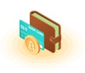 Flat isometric illustration of wallet with banknotes, credit car