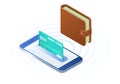 Flat isometric illustration of wallet with banknotes, phone, credit card.
