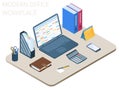 Flat isometric illustration of workplace. Vector work desktop 3d concept. Royalty Free Stock Photo