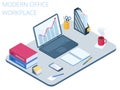 Flat isometric illustration of workplace. Vector work desk 3d co