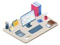 Flat isometric illustration of workplace. Vector work desk 3d co Royalty Free Stock Photo