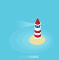 Flat isometric lighthouse icon on blue sea, illustration vector background Royalty Free Stock Photo