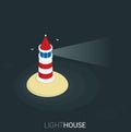 Flat isometric lighthouse icon on blue sea, illustration vector background Royalty Free Stock Photo