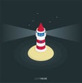 Flat isometric lighthouse icon on blue sea, illustration vector background Royalty Free Stock Photo