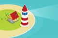 Flat isometric lighthouse icon on blue sea, illustration vector background Royalty Free Stock Photo