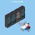 Flat isometric Man computer connected server