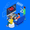 Flat isometric man friends playing game Car