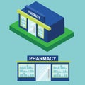 Flat and isometric pharmacy icon. City infographic element, drugstore building