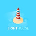 Flat isometric red lighthouse icon on blue sea Royalty Free Stock Photo