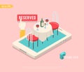 Flat isometric restaurant table on smartphone vector illustration. 3d isometry online mobile reservation app concept.