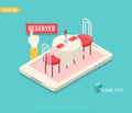 Flat isometric restaurant table on smartphone vector illustration. 3d isometry online mobile reservation app concept.