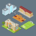 Flat isometric set of school buildings, basketball field and soccer stadium vector illustration. Municipal educational facilities