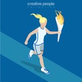 Flat isometric sportswoman run hold torch flame