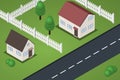 Flat isometric suburb houses with lawns