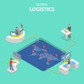 Flat isometric vector concept of global logistics, worldwide freight shipping.