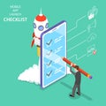 Flat isometric vector concept for mobile app launch checklist.