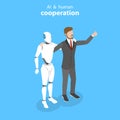 Flat isometric vector concept of robot and human cooperation. Royalty Free Stock Photo