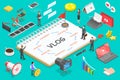 Flat isometric vector concept of video blog, vlog, creating online channel.