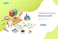 Flat isometric vector landing page template for business audit service.