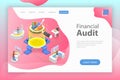 Flat isometric vector landing page template of financial audit service.