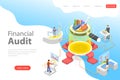 Flat isometric vector landing page template of financial audit service.