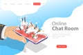 Flat isometric vector landing page template of live chat, social media network.