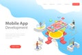 Flat isometric vector landing page template of mobile app development. Royalty Free Stock Photo