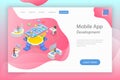 Flat isometric vector landing page template of mobile app development. Royalty Free Stock Photo
