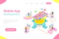 Flat isometric vector landing page template of mobile app development. Royalty Free Stock Photo