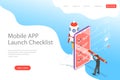 Flat isometric vector landing page template for mobile app launch checklist.