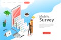 Flat isometric vector landing page template of mobile survey, customer review.