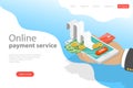 Flat isometric vector landing page template of online payment service.