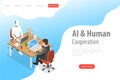 Flat isometric vector landing page template of robot and human cooperation. Royalty Free Stock Photo