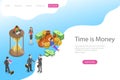 Flat isometric vector landing page template for time is money, income growth.