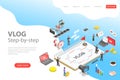 Flat isometric vector landing page template of video blog ste-by-step, vlog. Royalty Free Stock Photo