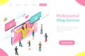 Flat isometric vector landing page template of vlog, video blog, online channel.